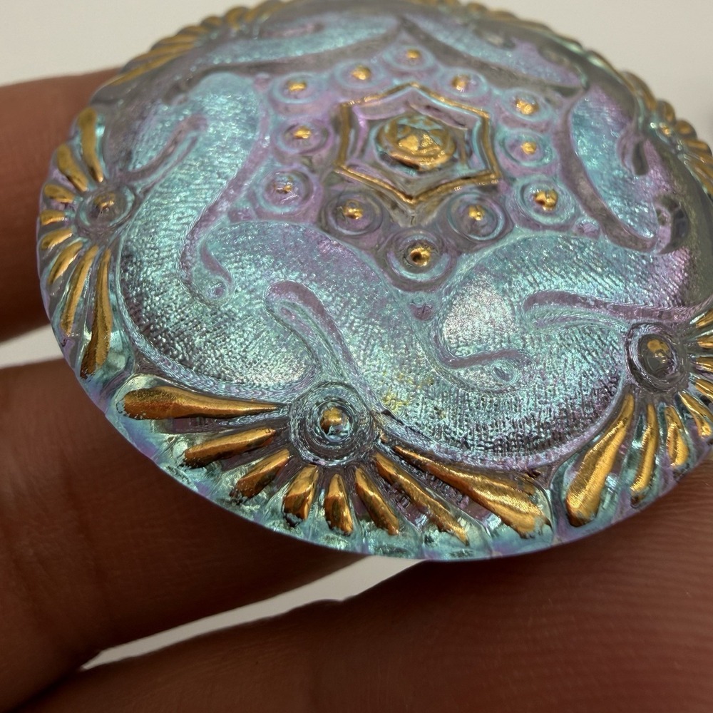Vtg Czech Glass Button Brooch Pendant Blue Purple Iridescent Stunning